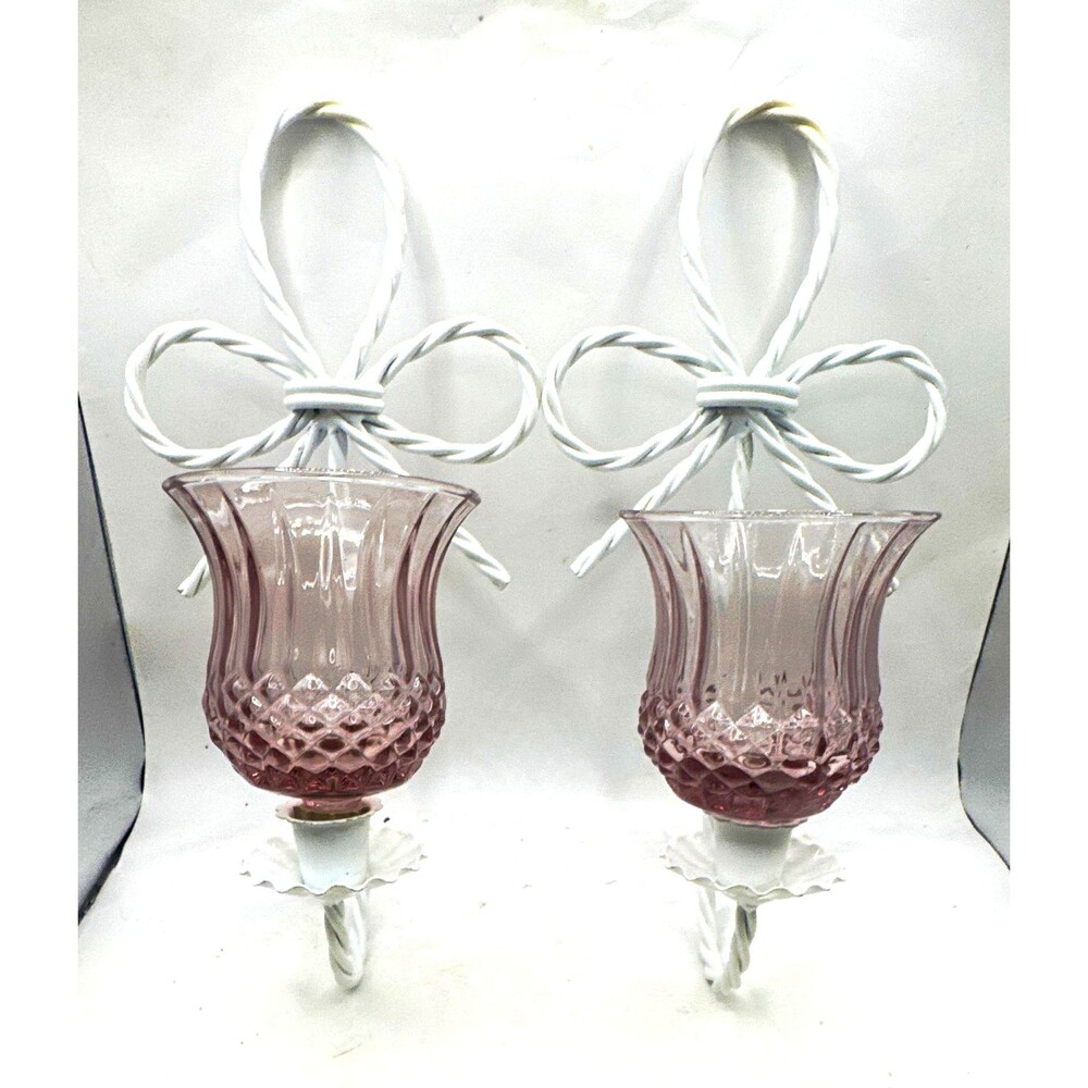 Set of 2 Pink Glass Votive Candle Holders w/ White Twisted Bow sconces